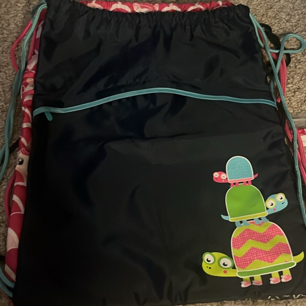 Black Drawstring Backpack with Turtle Design